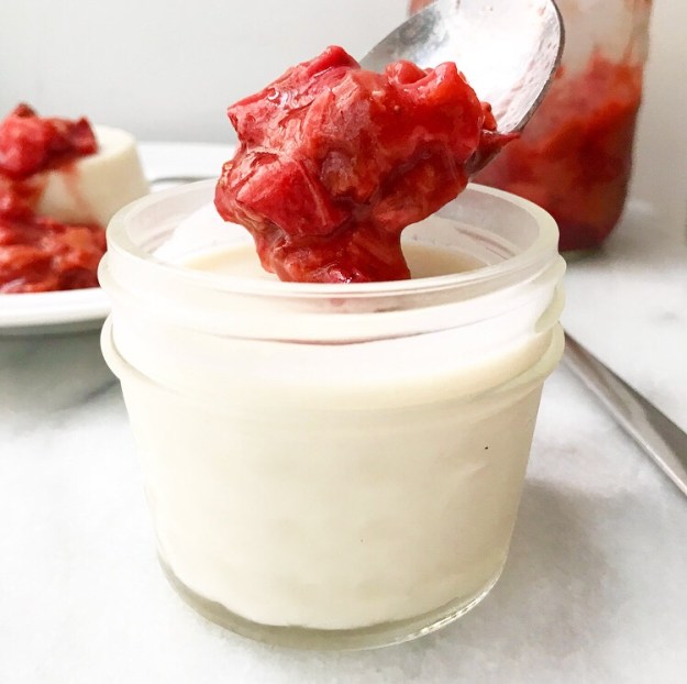 Buttermilk Panna Cotta with Roasted Strawberry Rhubarb Compote