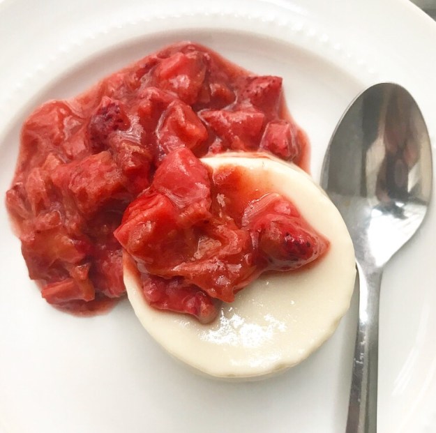 Buttermilk Panna Cotta with Roasted Strawberry Rhubarb Compote