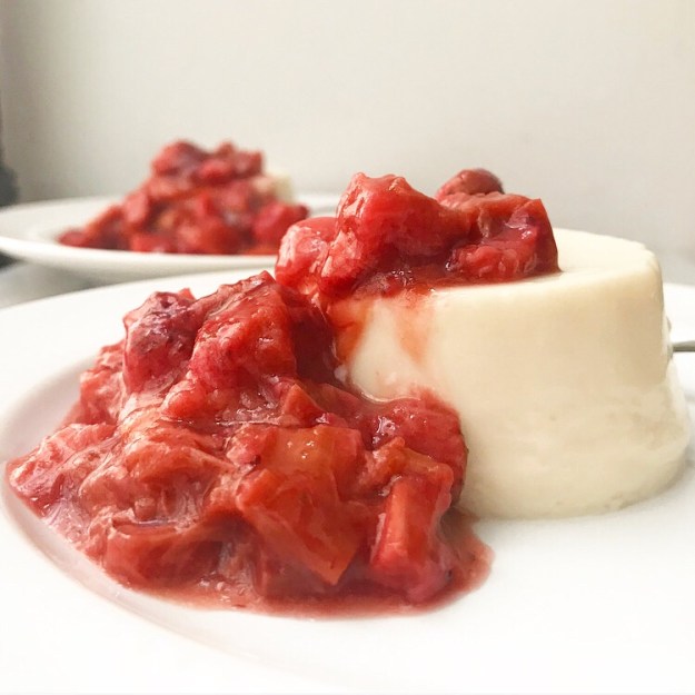Buttermilk Panna Cotta with Roasted Strawberry Rhubarb Compote