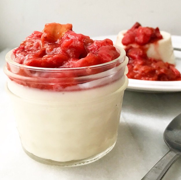 Buttermilk Panna Cotta with Roasted Strawberry Rhubarb Compote