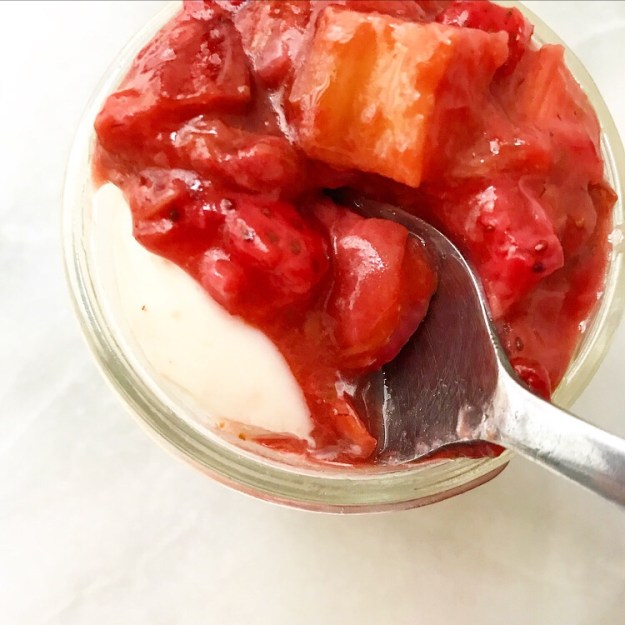 Buttermilk Panna Cotta with Roasted Strawberry Rhubarb Compote