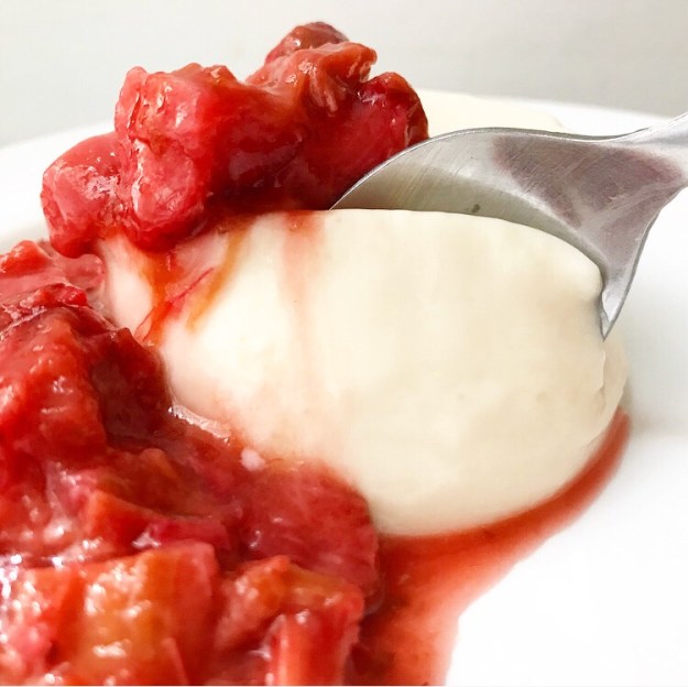 Buttermilk Panna Cotta with Roasted Strawberry Rhubarb Compote