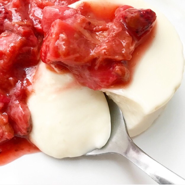 Buttermilk Panna Cotta with Roasted Strawberry Rhubarb Compote