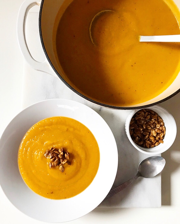 Roasted Butternut Squash Soup with Maple-Chile Butternut Seeds