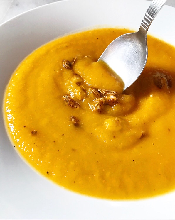 Roasted Butternut Squash Soup with Maple-Chile Butternut Seeds