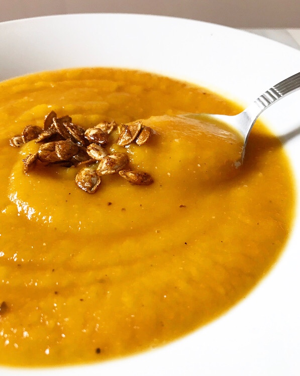 Roasted Butternut Squash Soup with Maple-Chile Butternut Seeds