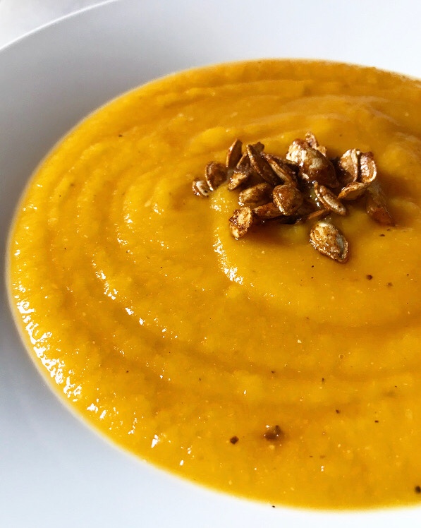 Roasted Butternut Squash Soup with Maple-Chile Butternut Seeds