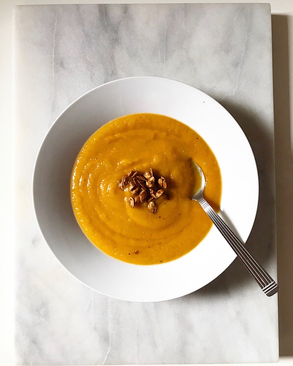 Roasted Butternut Squash Soup with Maple-Chile Butternut Seeds
