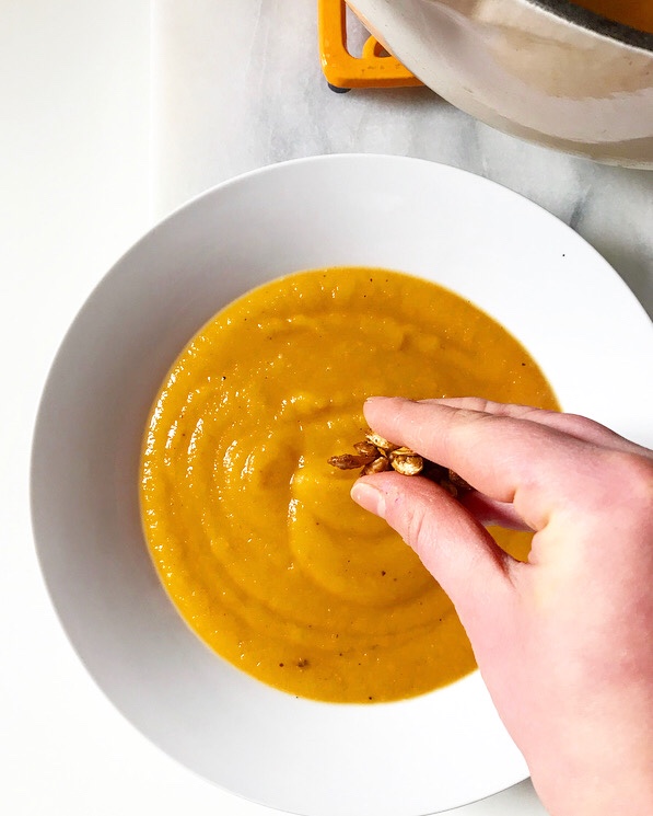 Roasted Butternut Squash Soup with Maple-Chile Butternut Seeds