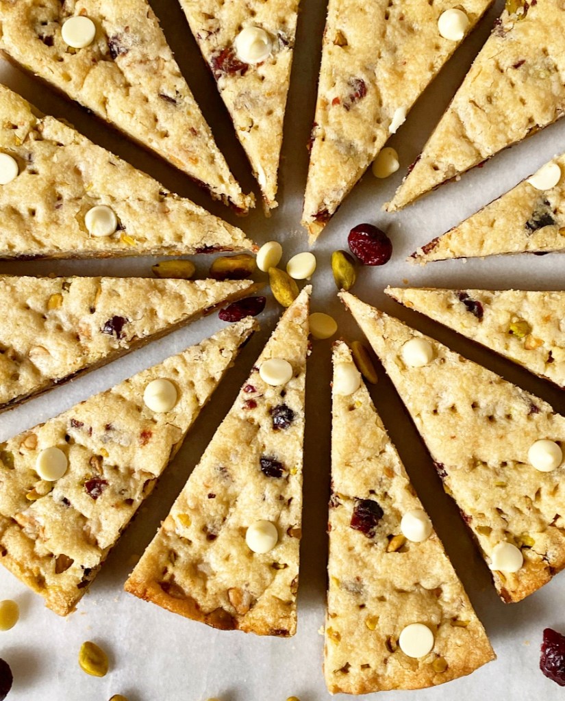 White Chocolate Cranberry Pistachio Shortbread Wedges​